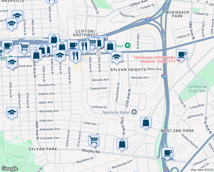 map of restaurants, bars, coffee shops, grocery stores, and more near 3814 Dakota Avenue in Nashville
