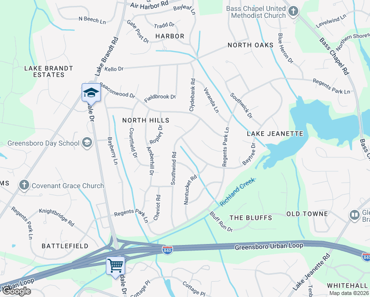 map of restaurants, bars, coffee shops, grocery stores, and more near 2614 Baytree Drive in Greensboro