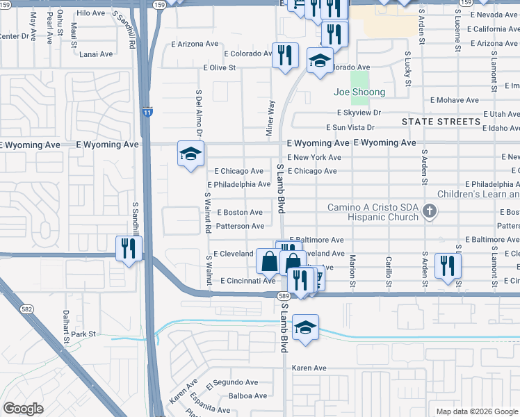 map of restaurants, bars, coffee shops, grocery stores, and more near 4140 East Boston Avenue in Las Vegas