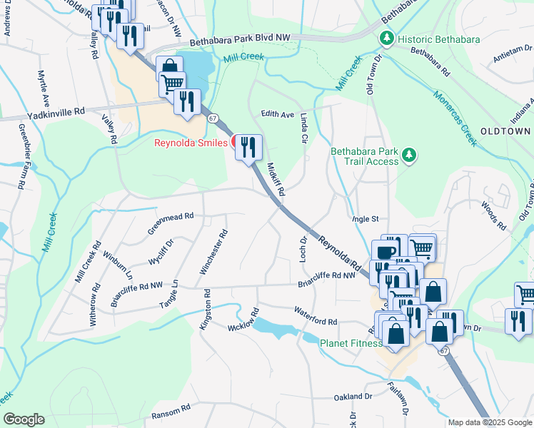 map of restaurants, bars, coffee shops, grocery stores, and more near 3034 Walnut Avenue in Winston-Salem