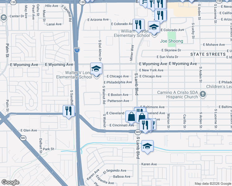 map of restaurants, bars, coffee shops, grocery stores, and more near 4078 East Boston Avenue in Las Vegas