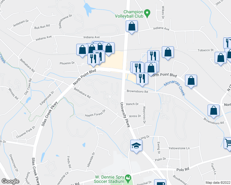 map of restaurants, bars, coffee shops, grocery stores, and more near 1120 Academic Drive in Winston-Salem
