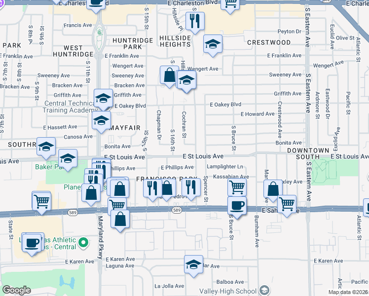 map of restaurants, bars, coffee shops, grocery stores, and more near 1624 Bonita Avenue in Las Vegas