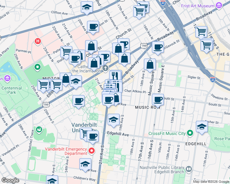 map of restaurants, bars, coffee shops, grocery stores, and more near 905 20th Avenue South in Nashville