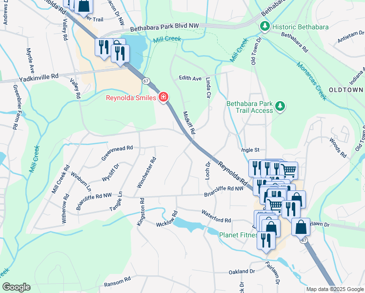 map of restaurants, bars, coffee shops, grocery stores, and more near 3034 Walnut Avenue in Winston-Salem