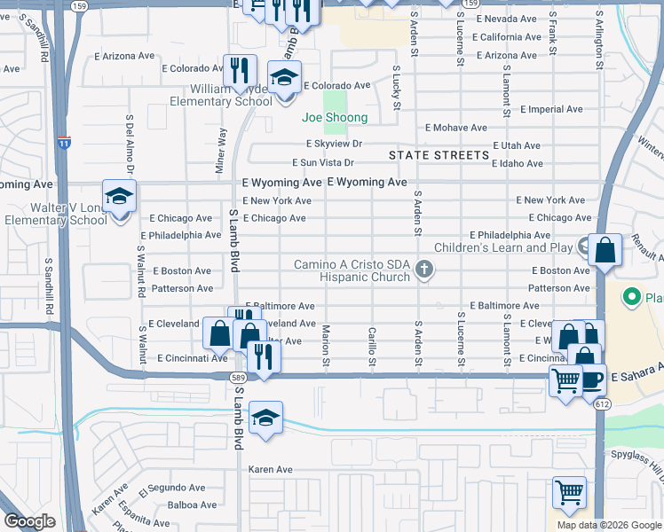 map of restaurants, bars, coffee shops, grocery stores, and more near 4410 East Boston Avenue in Las Vegas