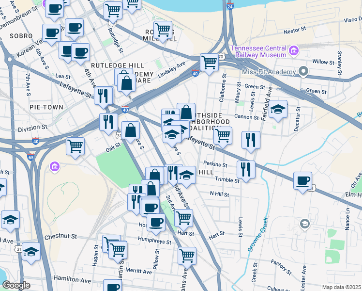 map of restaurants, bars, coffee shops, grocery stores, and more near 1034 1st Avenue South in Nashville