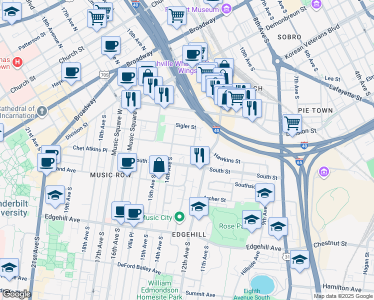 map of restaurants, bars, coffee shops, grocery stores, and more near 1303 Hawkins Street in Nashville