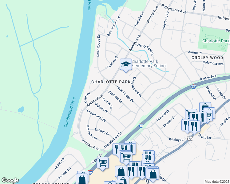 map of restaurants, bars, coffee shops, grocery stores, and more near 538 Starliner Dr in Nashville