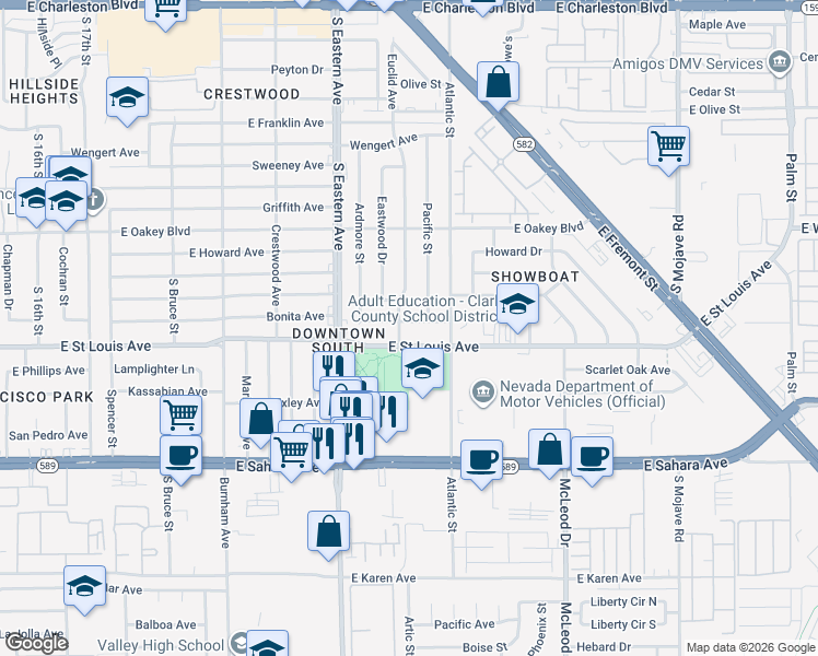 map of restaurants, bars, coffee shops, grocery stores, and more near 2204 Hoyt Avenue in Las Vegas