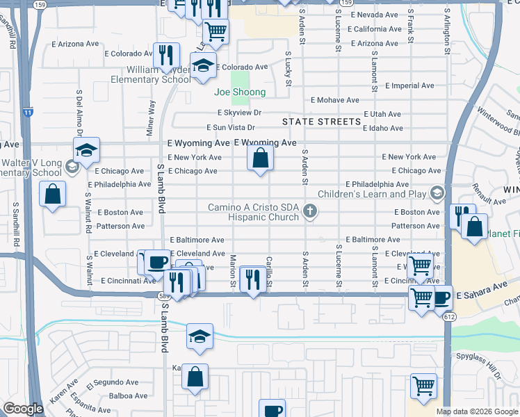 map of restaurants, bars, coffee shops, grocery stores, and more near 4478 East Boston Avenue in Las Vegas