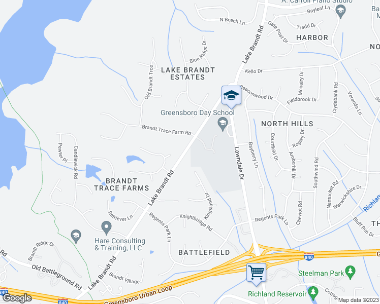 map of restaurants, bars, coffee shops, grocery stores, and more near 4616 Lake Brandt Road in Greensboro