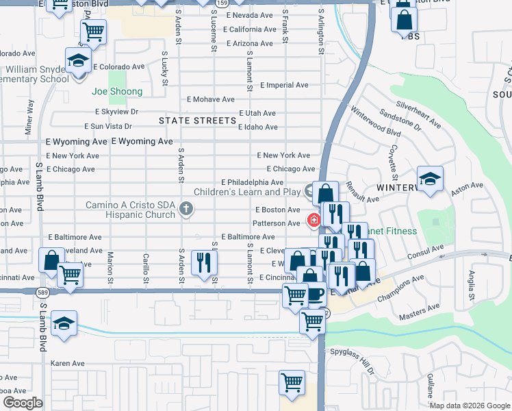 map of restaurants, bars, coffee shops, grocery stores, and more near 4820 East Boston Avenue in Las Vegas