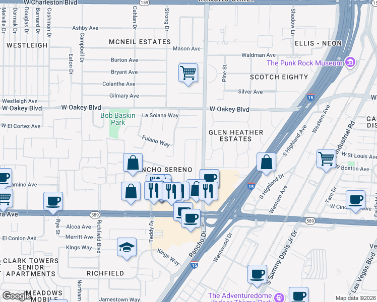 map of restaurants, bars, coffee shops, grocery stores, and more near 2005 De Osma Street in Las Vegas