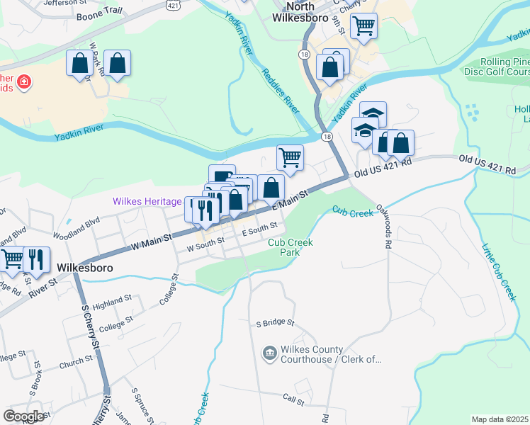 map of restaurants, bars, coffee shops, grocery stores, and more near 205 East Main Street in Wilkesboro