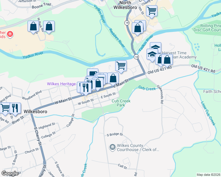 map of restaurants, bars, coffee shops, grocery stores, and more near 205 East Main Street in Wilkesboro