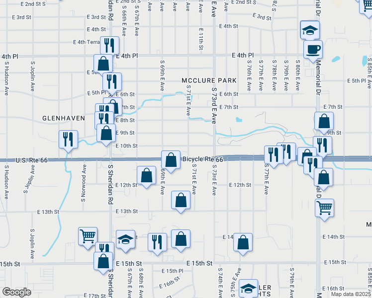 map of restaurants, bars, coffee shops, grocery stores, and more near 6948 East 10th Street in Tulsa