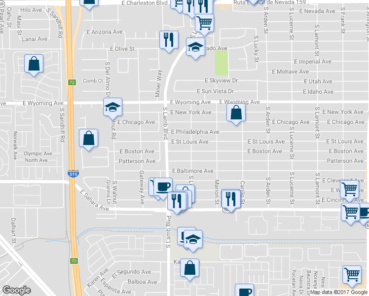map of restaurants, bars, coffee shops, grocery stores, and more near 4270 East Boston Avenue in Las Vegas
