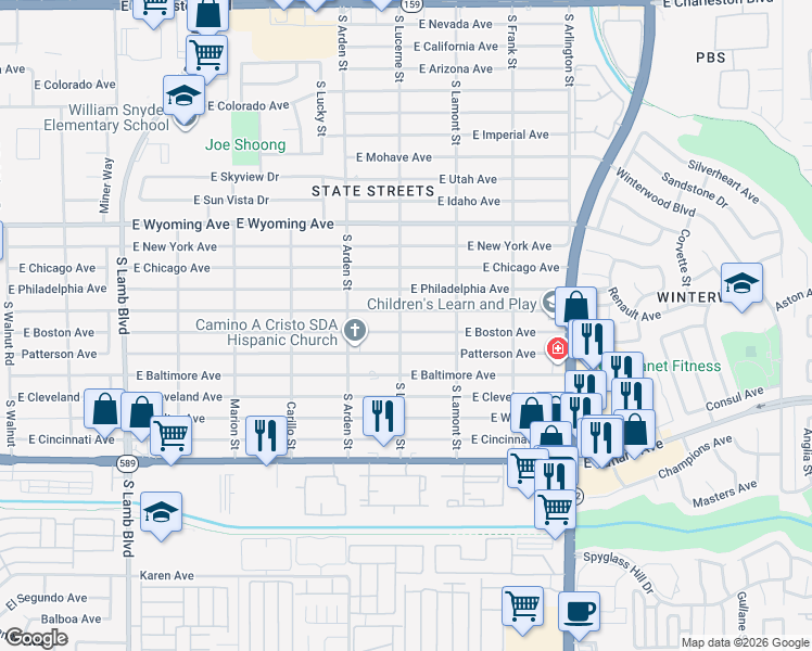 map of restaurants, bars, coffee shops, grocery stores, and more near 2090 South Lucerne Street in Las Vegas