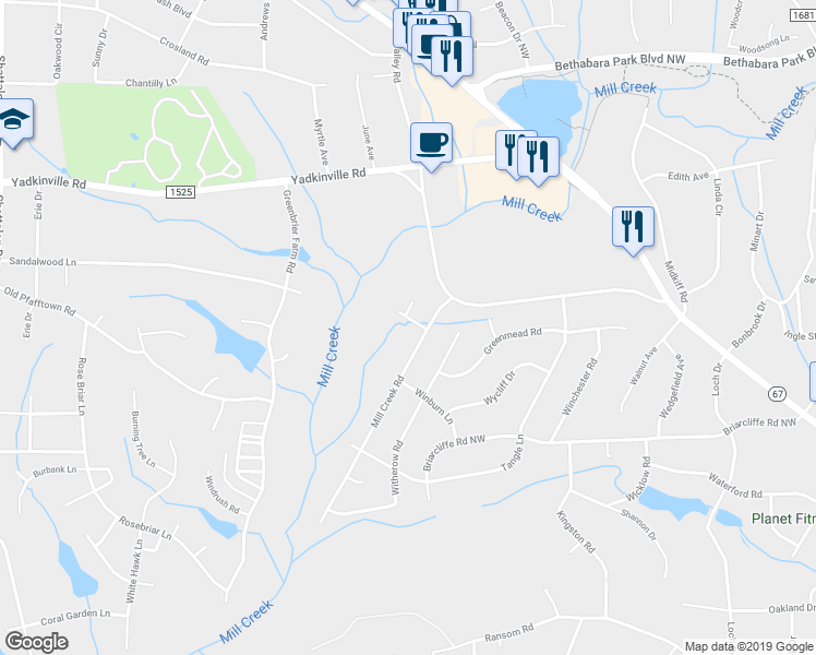 map of restaurants, bars, coffee shops, grocery stores, and more near 4210 Barjean Lane in Winston-Salem