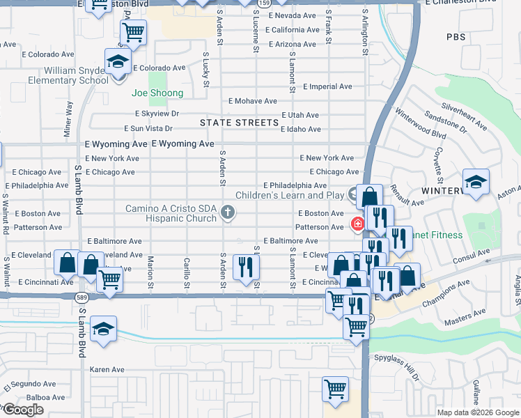 map of restaurants, bars, coffee shops, grocery stores, and more near 2090 South Lucerne Street in Las Vegas