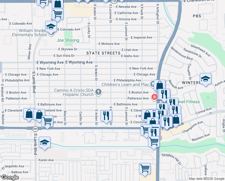 map of restaurants, bars, coffee shops, grocery stores, and more near 4690 East Boston Avenue in Las Vegas
