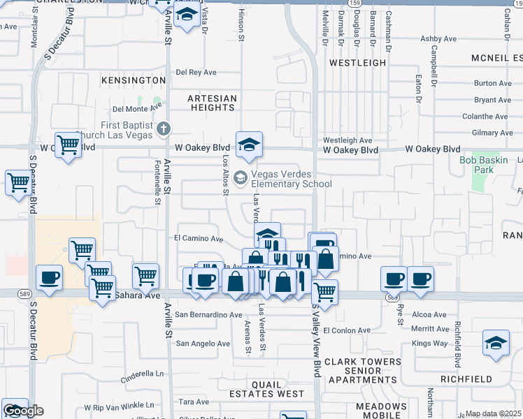 map of restaurants, bars, coffee shops, grocery stores, and more near 2013 Las Verdes Street in Las Vegas