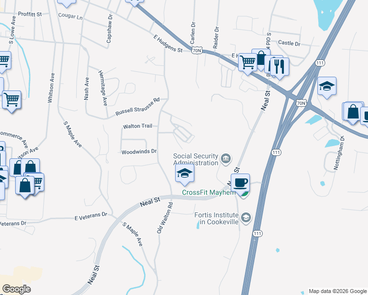 map of restaurants, bars, coffee shops, grocery stores, and more near 1028 Sugarland Drive in Cookeville