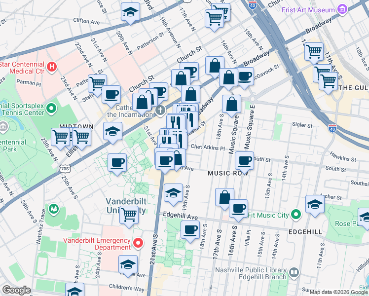 map of restaurants, bars, coffee shops, grocery stores, and more near 900 20th Avenue South in Nashville