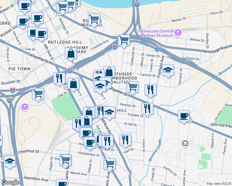 map of restaurants, bars, coffee shops, grocery stores, and more near 85 Lafayette Street in Nashville