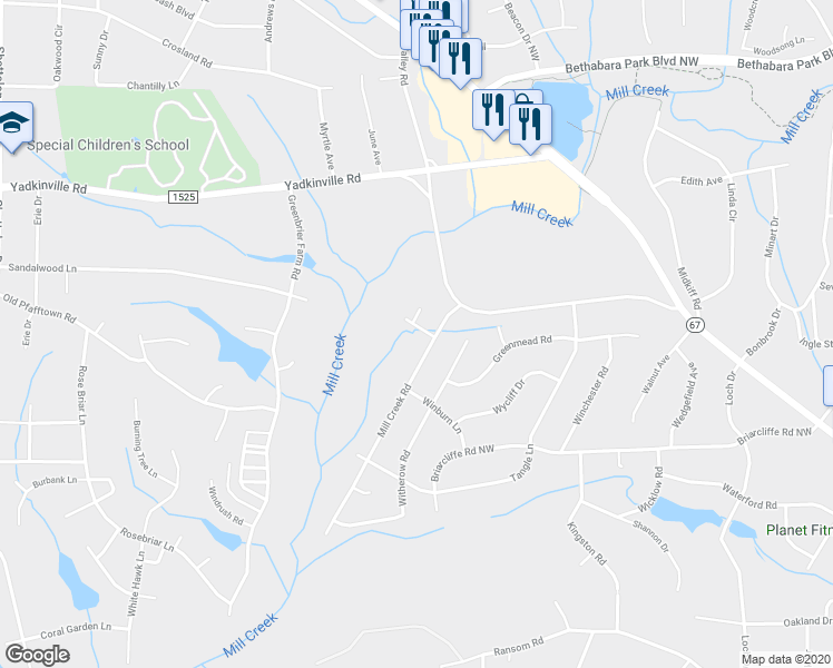map of restaurants, bars, coffee shops, grocery stores, and more near 4210 Barjean Lane in Winston-Salem