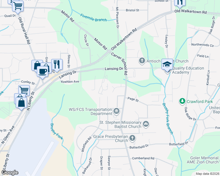 map of restaurants, bars, coffee shops, grocery stores, and more near 4920 Carver Glen Lane in Winston-Salem