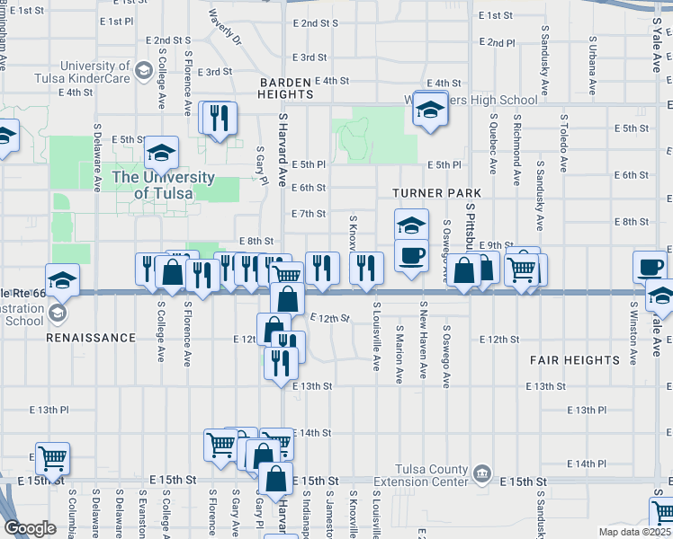 map of restaurants, bars, coffee shops, grocery stores, and more near 839 South Jamestown Avenue in Tulsa