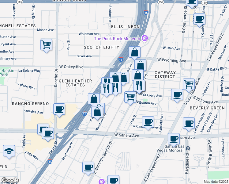 map of restaurants, bars, coffee shops, grocery stores, and more near 2000 Western Avenue in Las Vegas