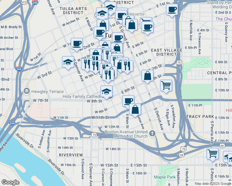 map of restaurants, bars, coffee shops, grocery stores, and more near 724 South Main Street in Tulsa
