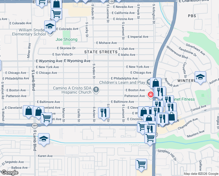map of restaurants, bars, coffee shops, grocery stores, and more near 4690 East Boston Avenue in Las Vegas