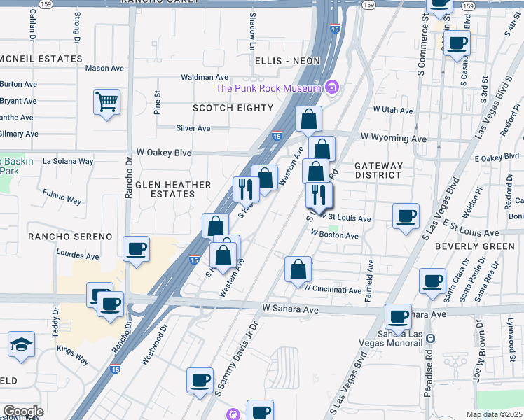 map of restaurants, bars, coffee shops, grocery stores, and more near 2026 Western Avenue in Las Vegas