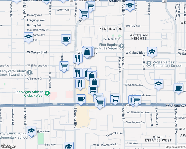map of restaurants, bars, coffee shops, grocery stores, and more near 4714 O'Bannon Drive in Las Vegas