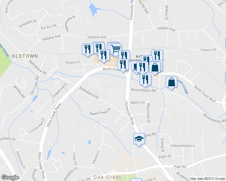 map of restaurants, bars, coffee shops, grocery stores, and more near 614 Timberline Ridge Lane in Winston-Salem