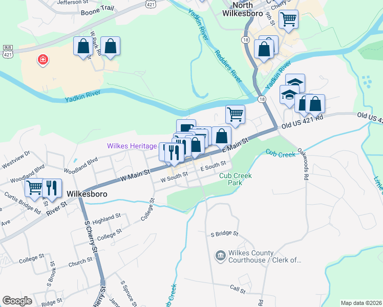 map of restaurants, bars, coffee shops, grocery stores, and more near 1902 Broad Street in Wilkesboro