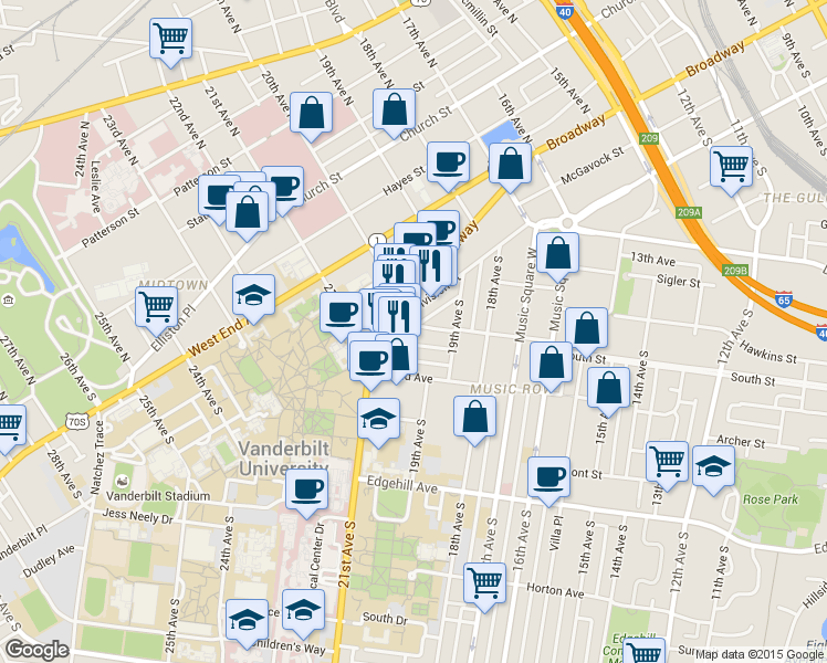 map of restaurants, bars, coffee shops, grocery stores, and more near 900 20th Avenue South in Nashville