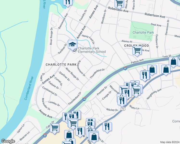 map of restaurants, bars, coffee shops, grocery stores, and more near 6106 Henry Ford Drive in Nashville
