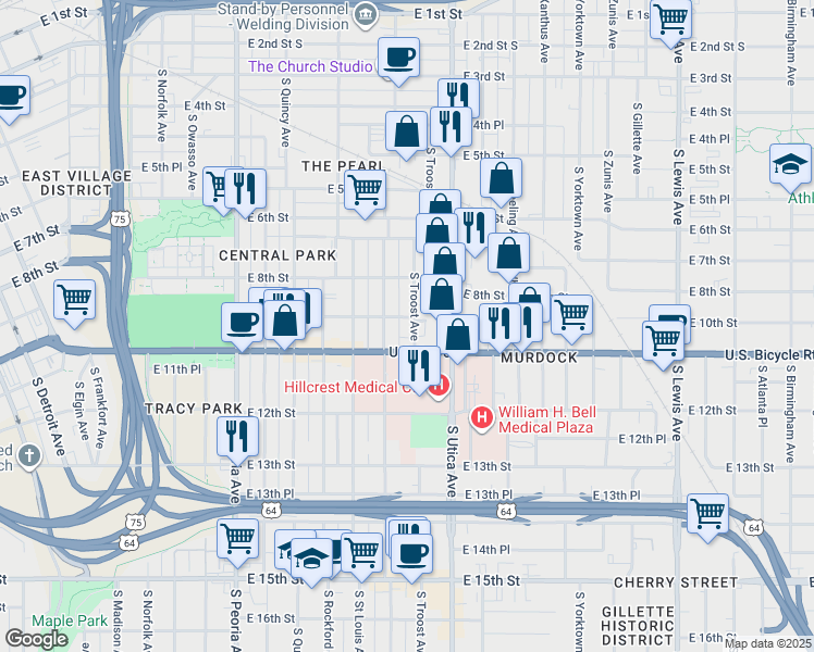 map of restaurants, bars, coffee shops, grocery stores, and more near 1632 East 10th Street in Tulsa
