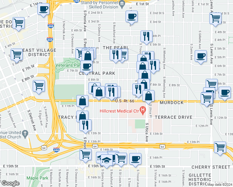 map of restaurants, bars, coffee shops, grocery stores, and more near 1010 South Saint Louis Avenue in Tulsa