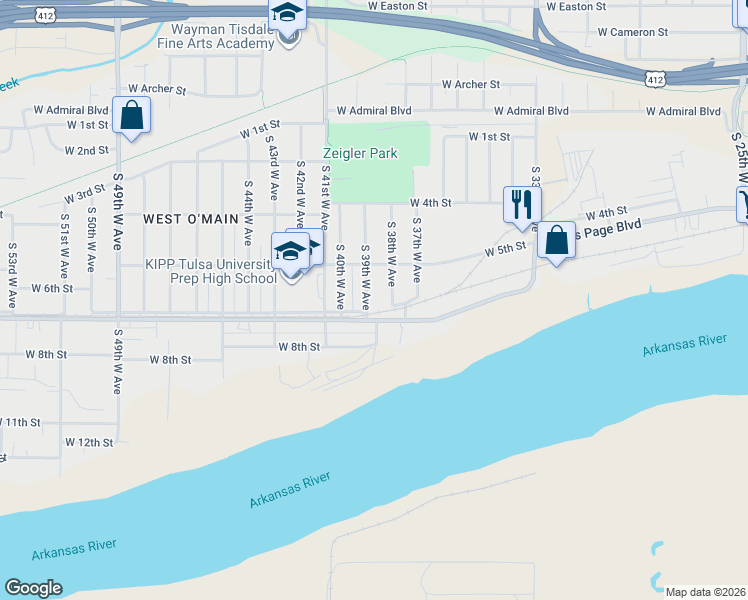 map of restaurants, bars, coffee shops, grocery stores, and more near 540 South 38th West Avenue in Tulsa
