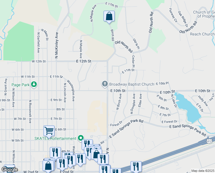 map of restaurants, bars, coffee shops, grocery stores, and more near 1000 North Adams Road in Sand Springs