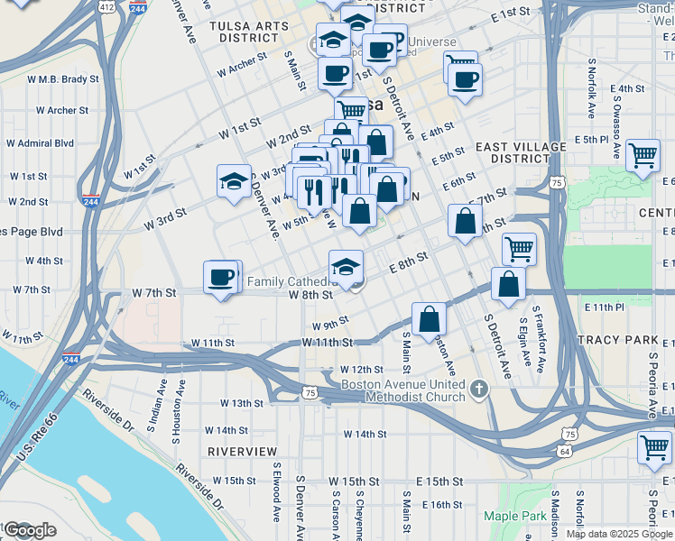 map of restaurants, bars, coffee shops, grocery stores, and more near West 7th Street in Tulsa