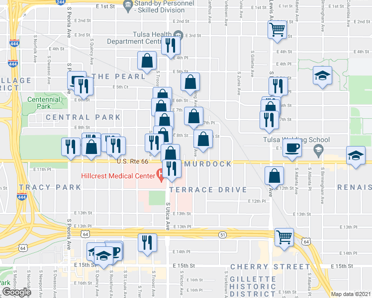 map of restaurants, bars, coffee shops, grocery stores, and more near 828 South Wheeling Avenue in Tulsa