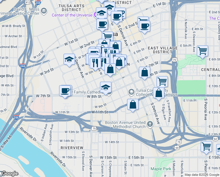 map of restaurants, bars, coffee shops, grocery stores, and more near 707 South Boulder Avenue in Tulsa