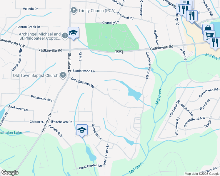 map of restaurants, bars, coffee shops, grocery stores, and more near 125 Rosedown Court in Winston-Salem